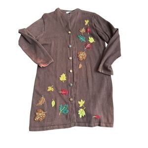 Storybook Knits Brown Embroidered Long Sleeves Button Up Cardigan Sweater Size L